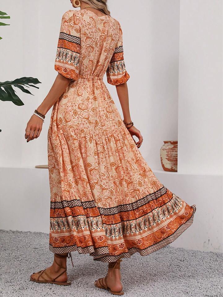 Vintage Floral Print Drawstring Waist High Slit Dress