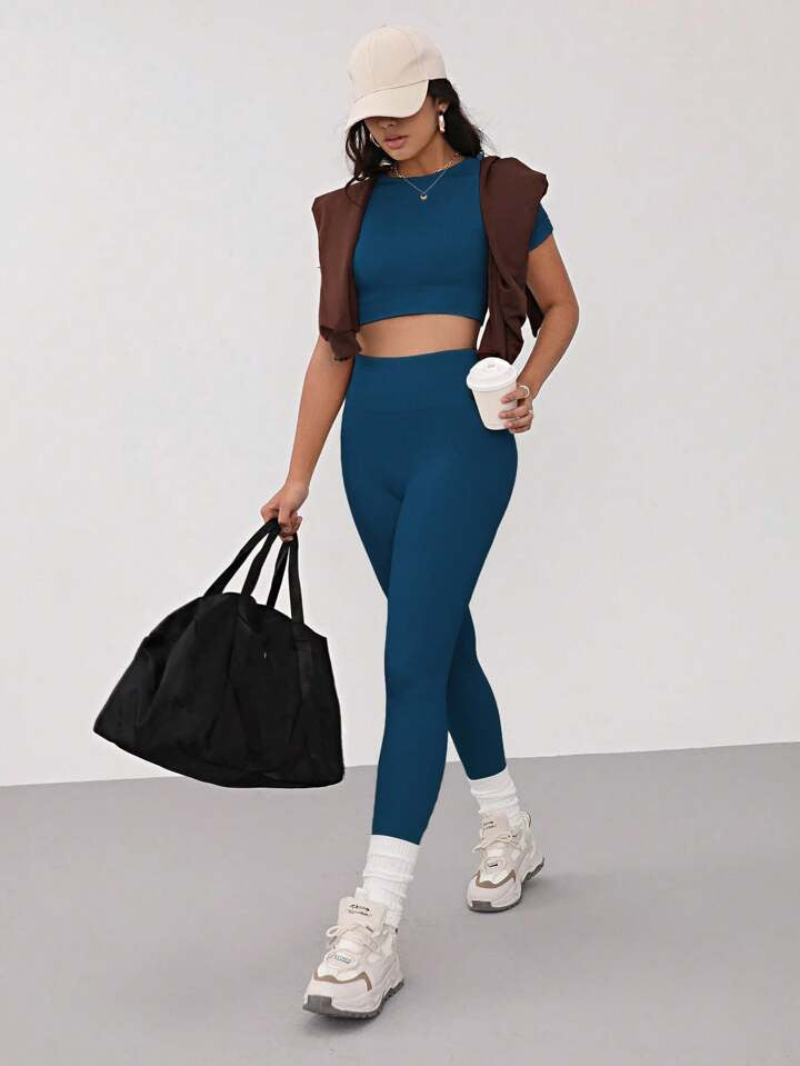 Seamless High Stretch Sports Tee & Leggings Gym Clothes