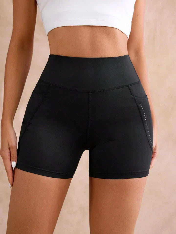 Polka Dot Printed Sports Shorts With Side Pockets, High Waist And Slim Fit