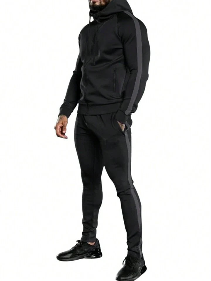 Streetwear Men's Side Stripe Hooded Sportswear Set, Athletic Suit