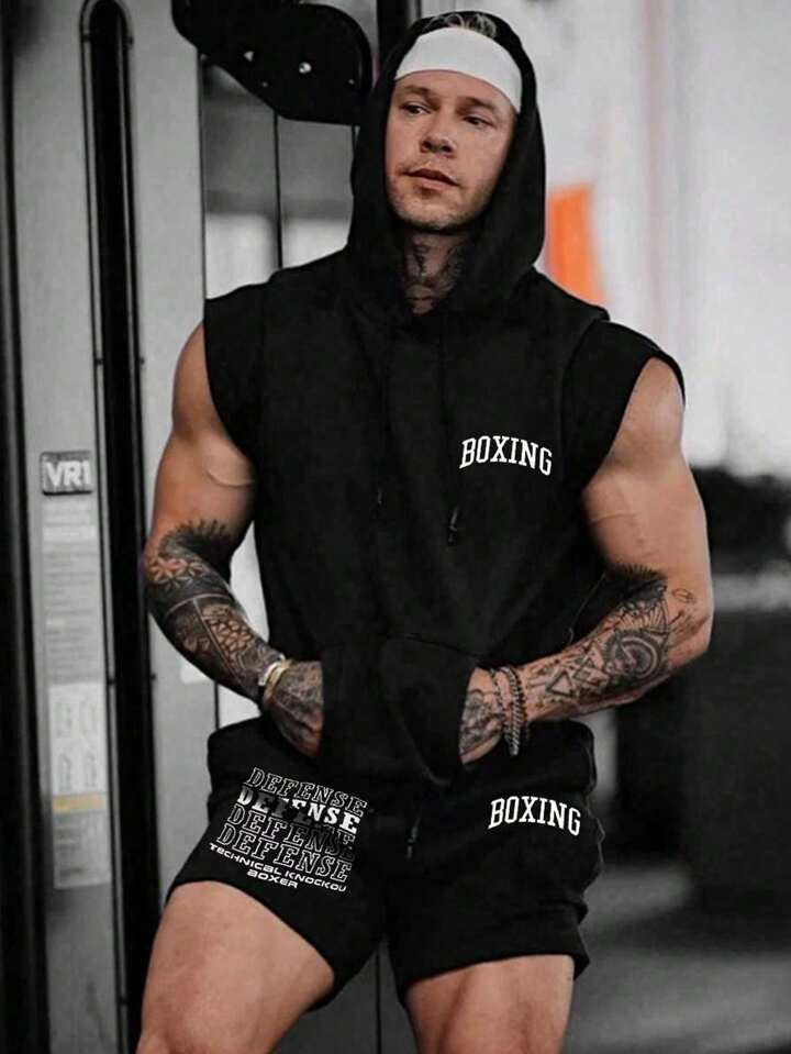 Men Shorts Set Men's Sleeveless Hooded Boxing Sportswear Set