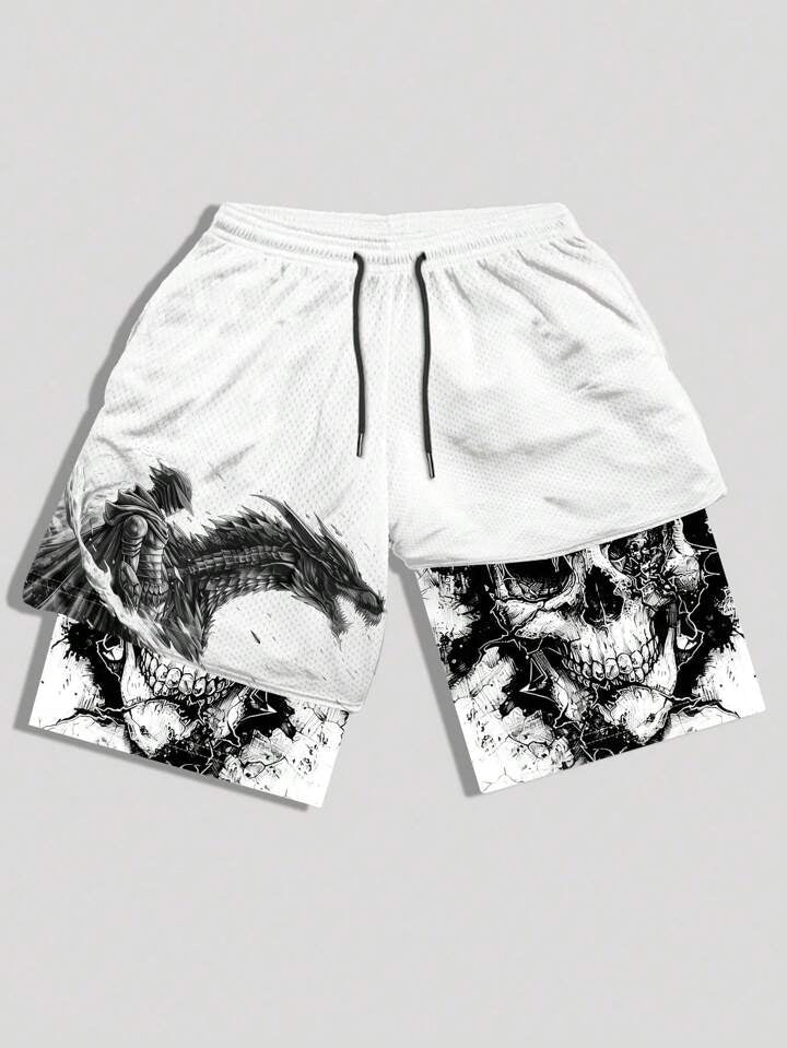 Goth Men Dragon Printed Athletic Basketball Mesh Shorts.
