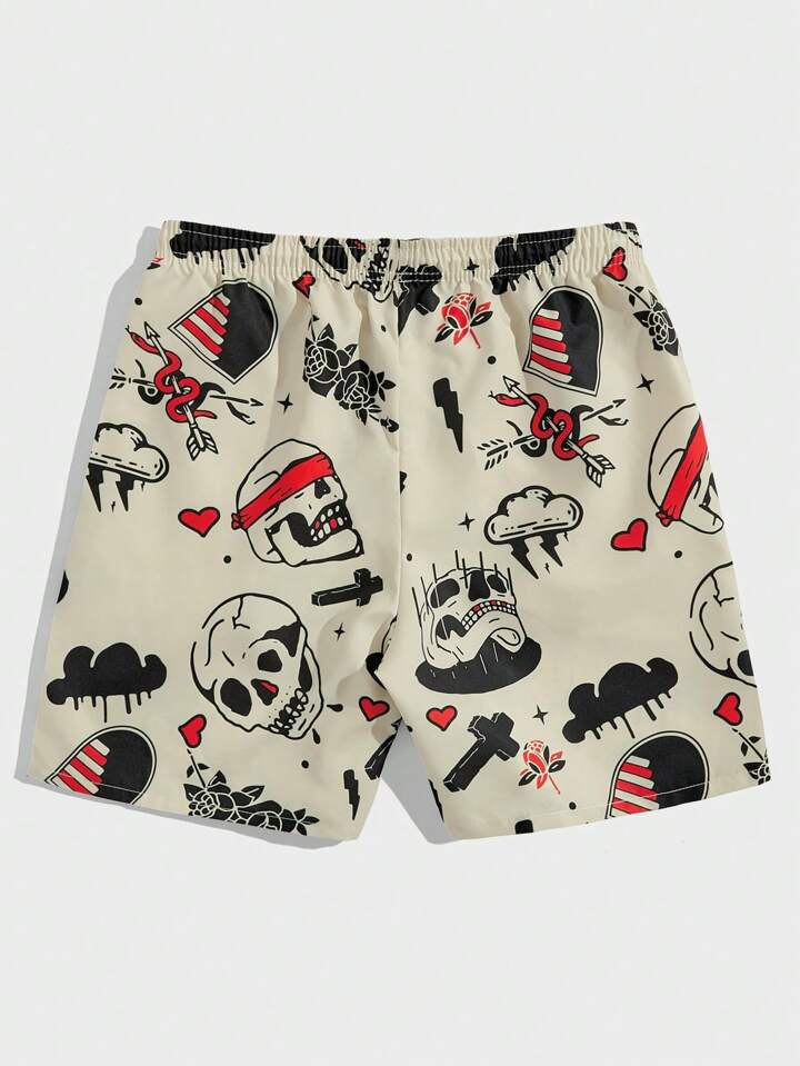 Street Life Men Skull & Cross Print Drawstring Waist Shorts