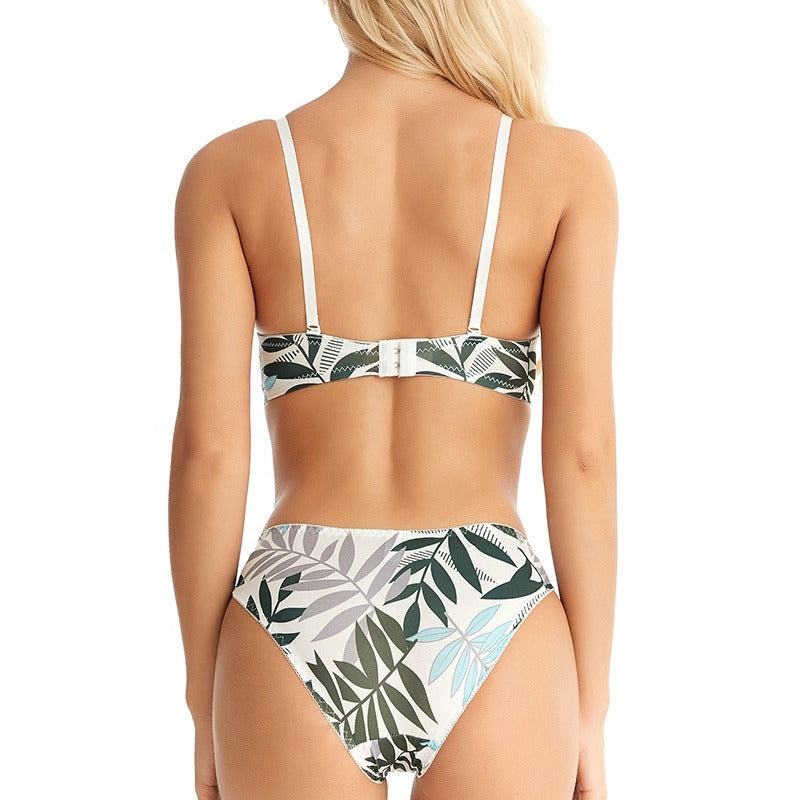 Leaf Print Underwire Embroidery Bra and Panty