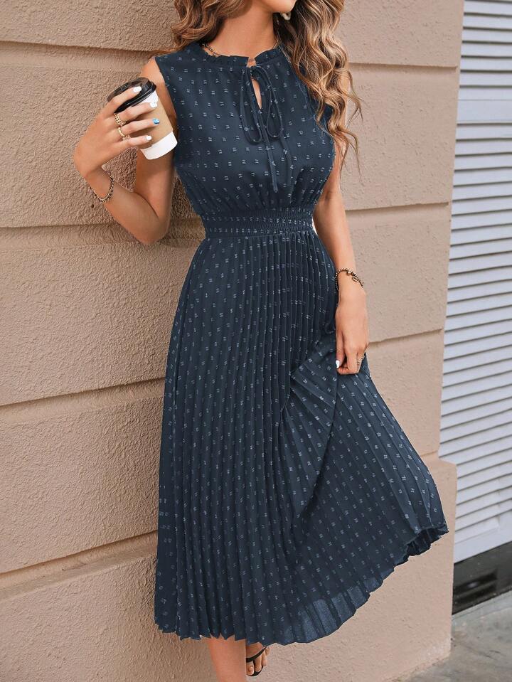 Swiss Dot Tie Neck Pleated Hem Dress