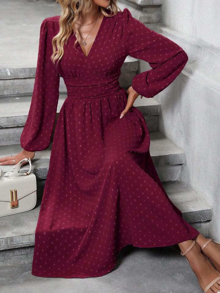 Swiss Dot Surplice Neck Lantern Sleeve Ruched Waist Dress