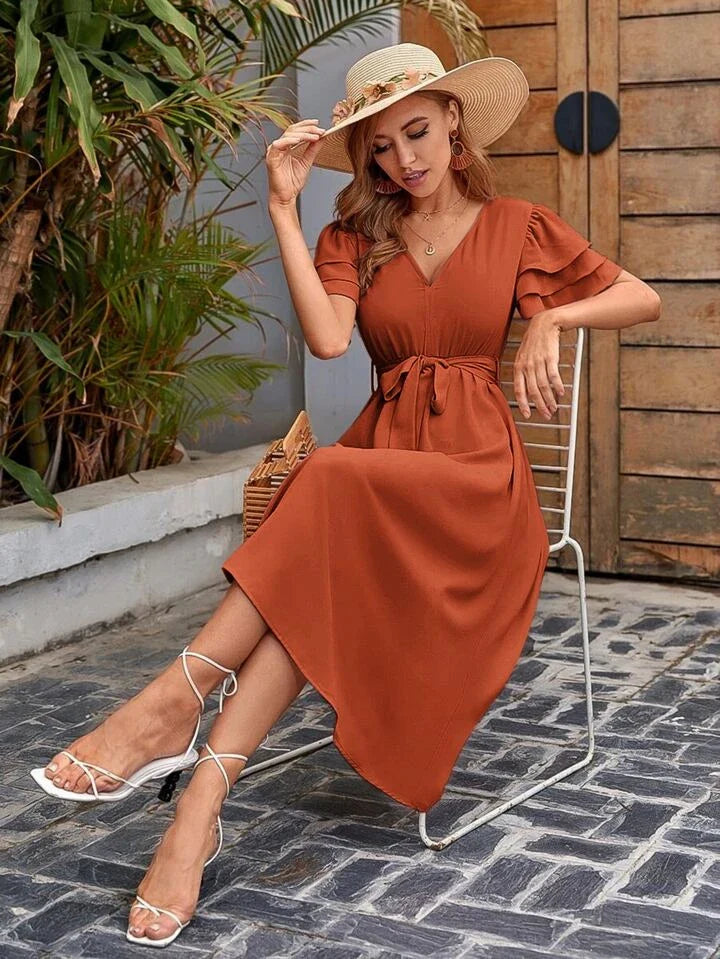Vacation V-Neck Layered Sleeve Belted Dress
