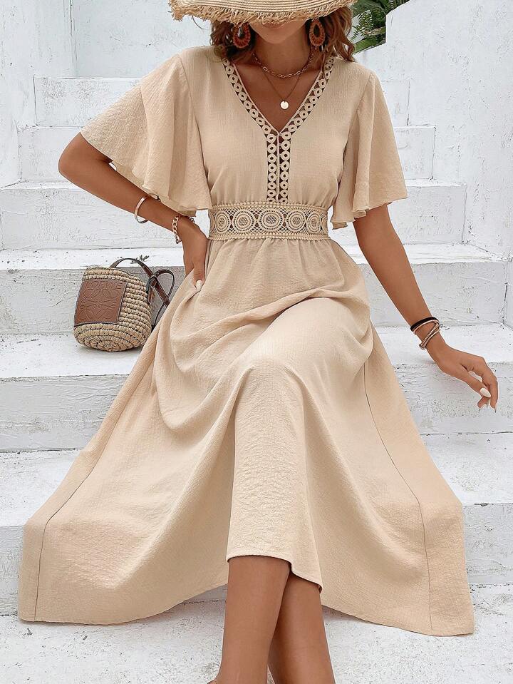 Vacation Guipure Lace Insert Flounce Sleeve Dress