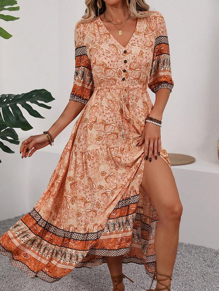 Vintage Floral Print Drawstring Waist High Slit Dress