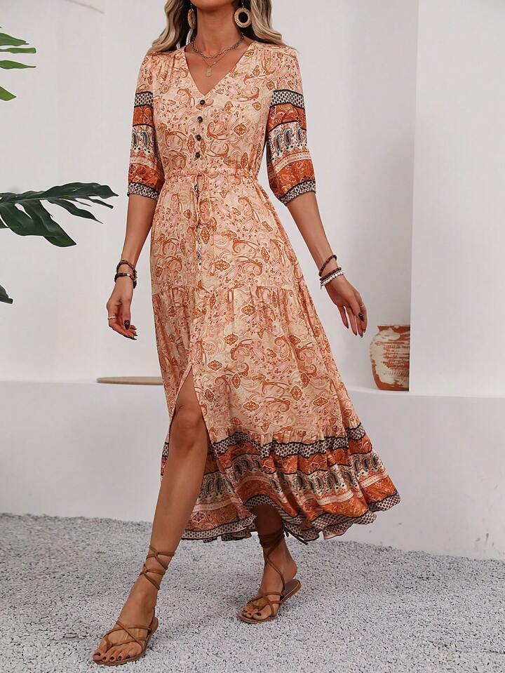 Vintage Floral Print Drawstring Waist High Slit Dress
