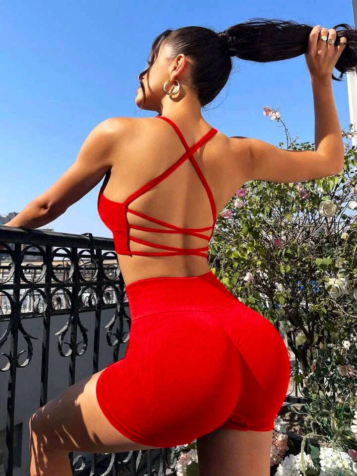 Yoga Solid Crisscross Backless Sports Set