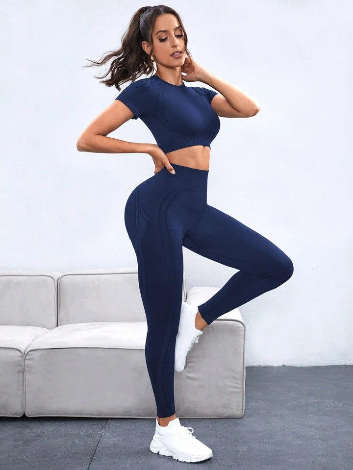 Women's Seamless High Elasticity Sport Short Sleeve Top And Pants Set