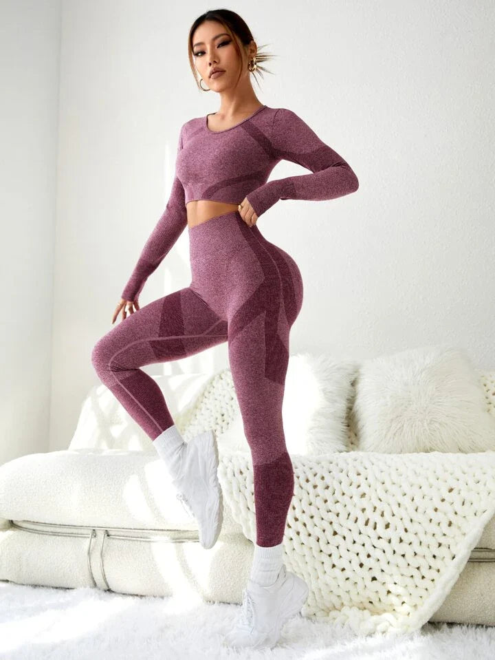 2pcs Seamless Gym Suit Yoga Set Thumbhole Tee & Tummy Control Legging