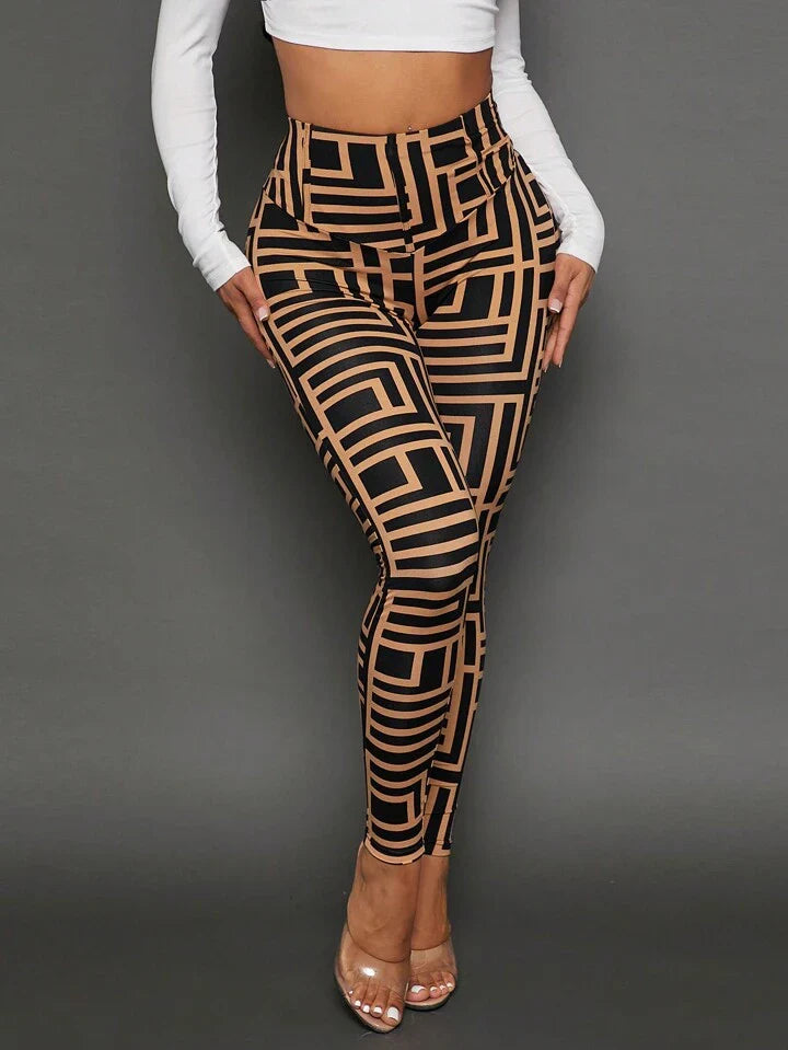 Allover Print High Waist Leggings Irregular Waist Casual Pants