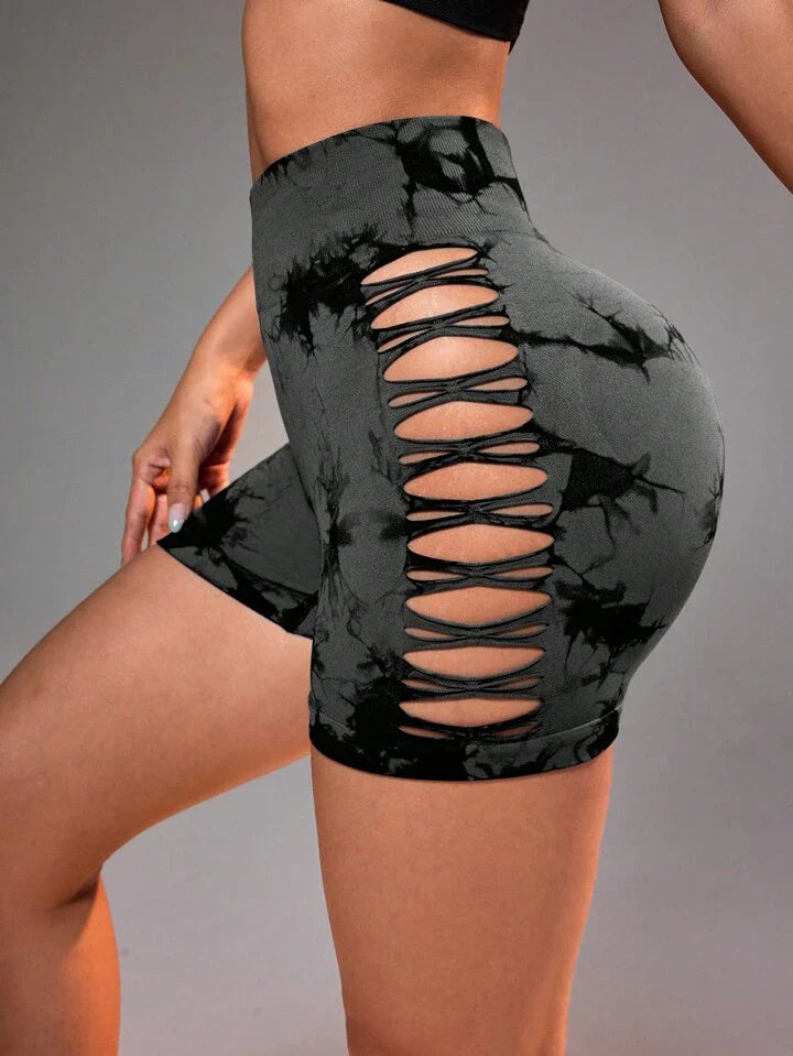 Women's High Waist Tie-Dye Printed Hollow Out Side Seamless Sports Shorts