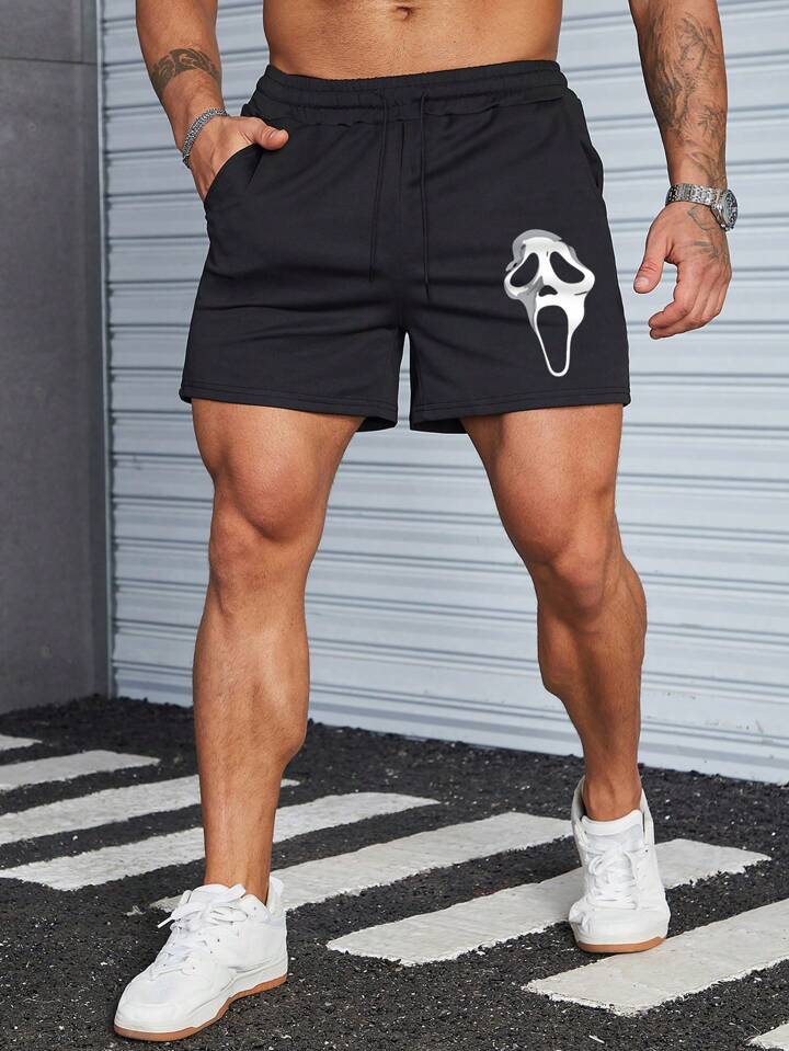 Homme Men Skull Print Drawstring Waist Shorts