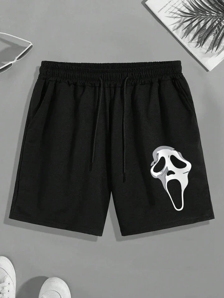 Homme Men Skull Print Drawstring Waist Shorts