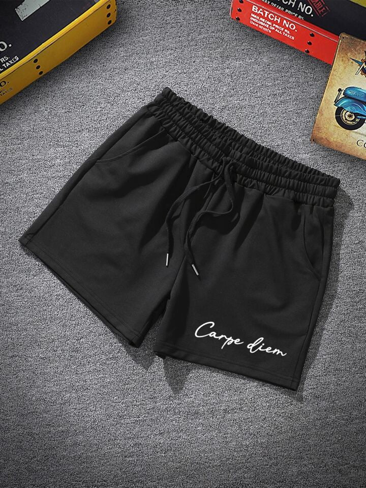 Homme Men Letter Graphic Drawstring Waist Shorts