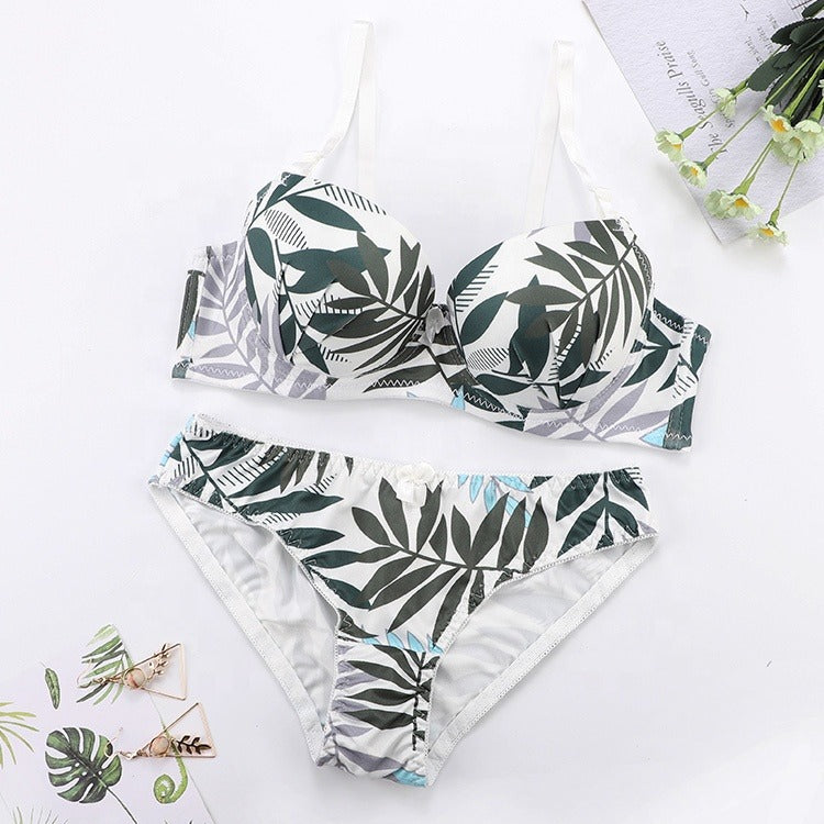 Leaf Print Underwire Embroidery Bra and Panty