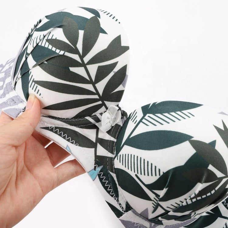 Leaf Print Underwire Embroidery Bra and Panty